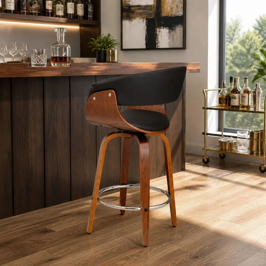 Swivel Bar Stool Black PU Padded Seat Walnut Frame Chrome Footrest Mid Height Backrest