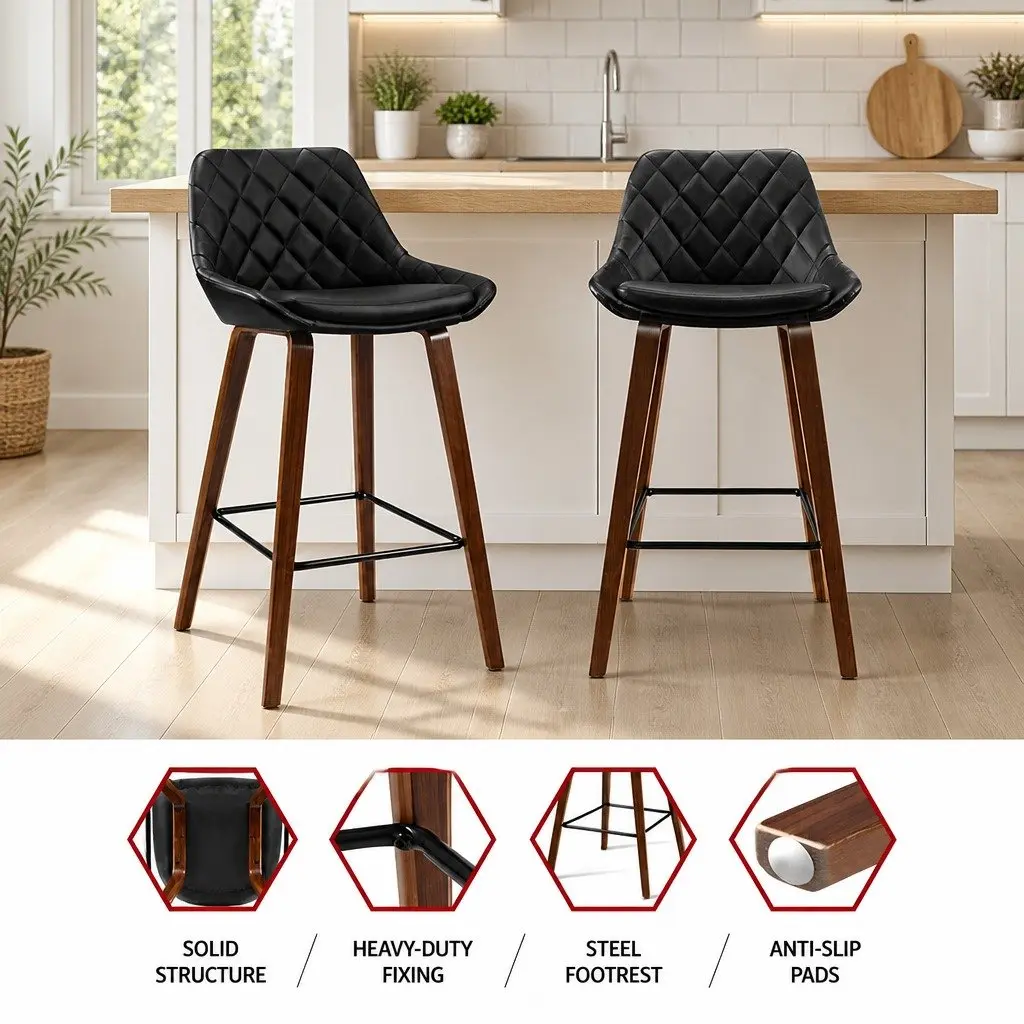 Bar Stools Set of 2 PU Leather Seat Black with Wooden Legs Contoured Backrest and Steel Footrest