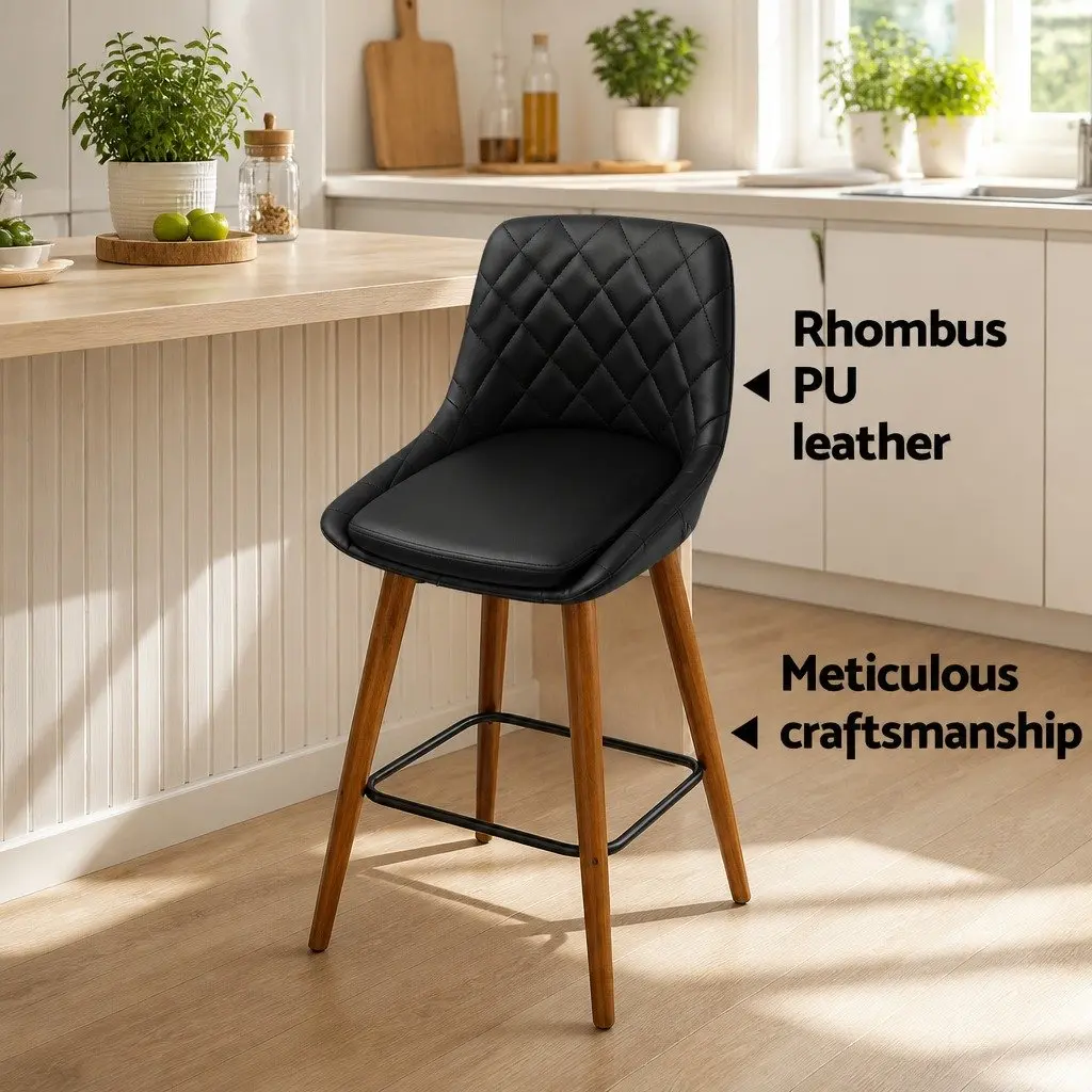 Bar Stools Set of 2 PU Leather Seat Black with Wooden Legs Contoured Backrest and Steel Footrest