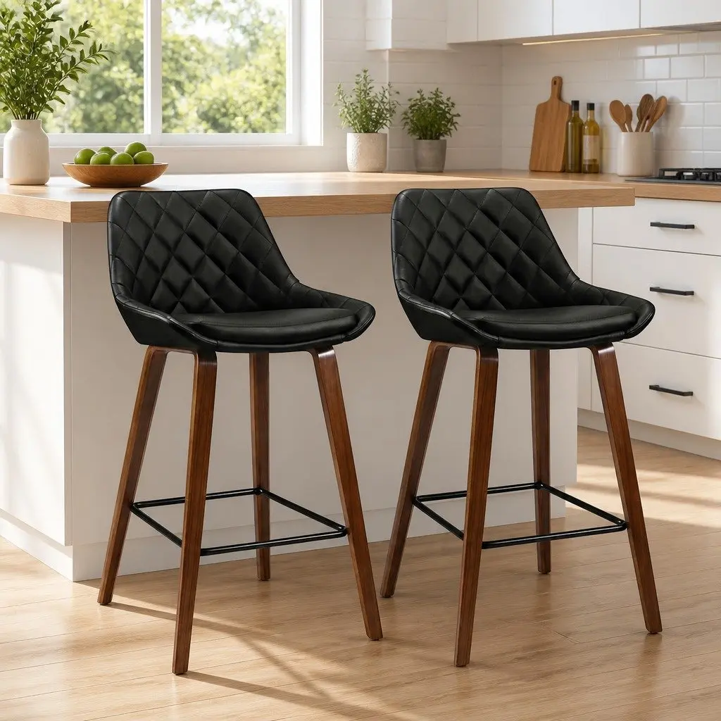 Bar Stools Set of 2 PU Leather Seat Black with Wooden Legs Contoured Backrest and Steel Footrest