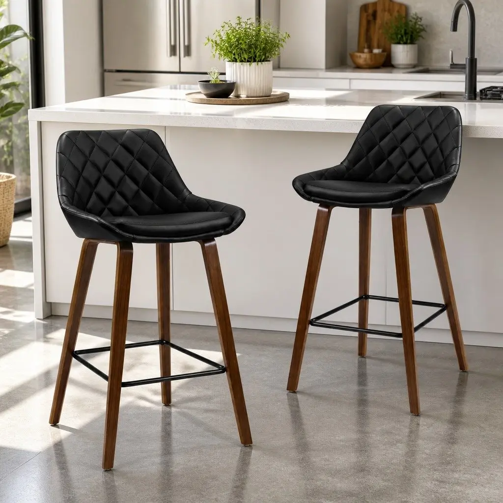 Bar Stools Set of 4 PU Leather Seat Wooden Legs Black Kitchen Counter Height