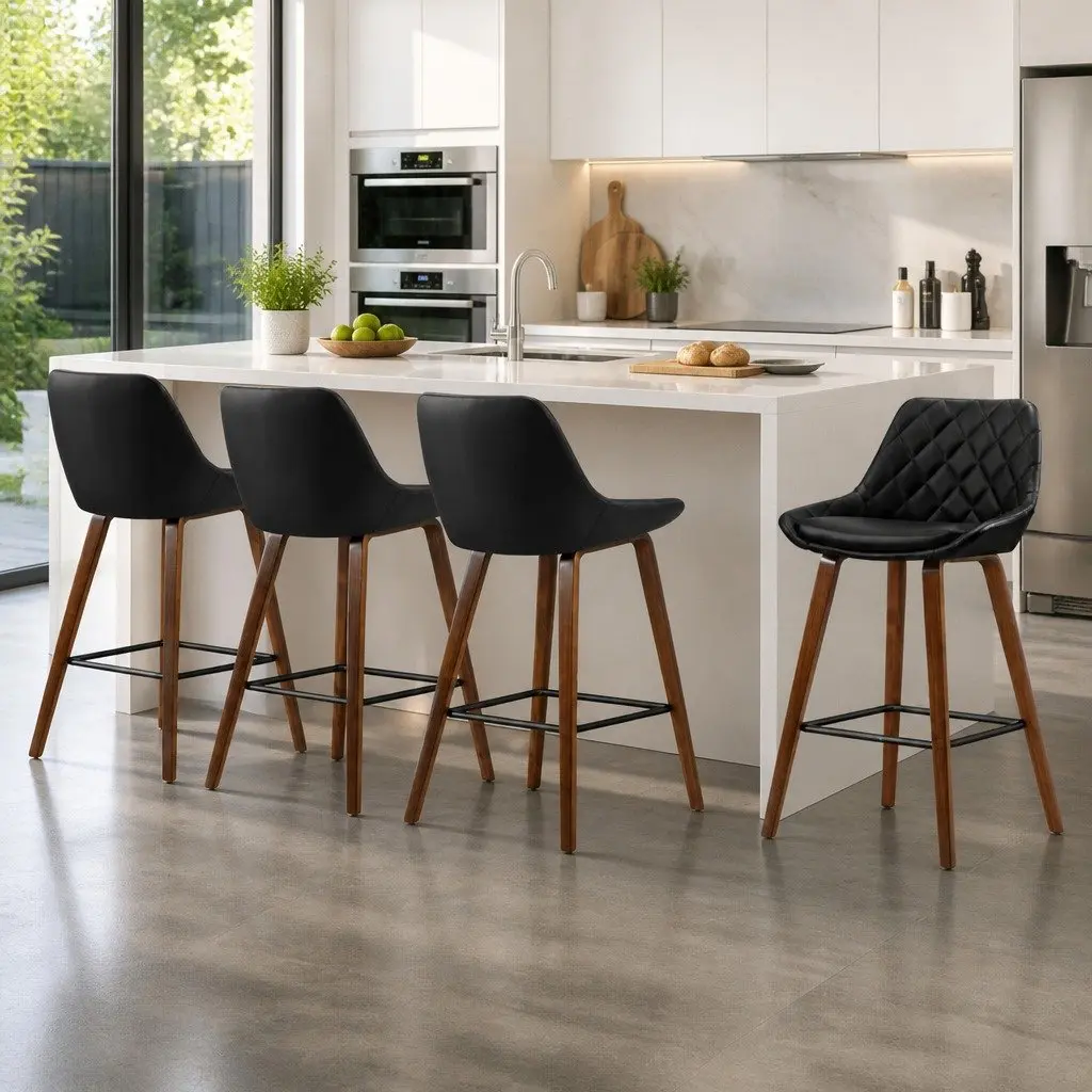 Bar Stools Set of 4 PU Leather Seat Wooden Legs Black Kitchen Counter Height