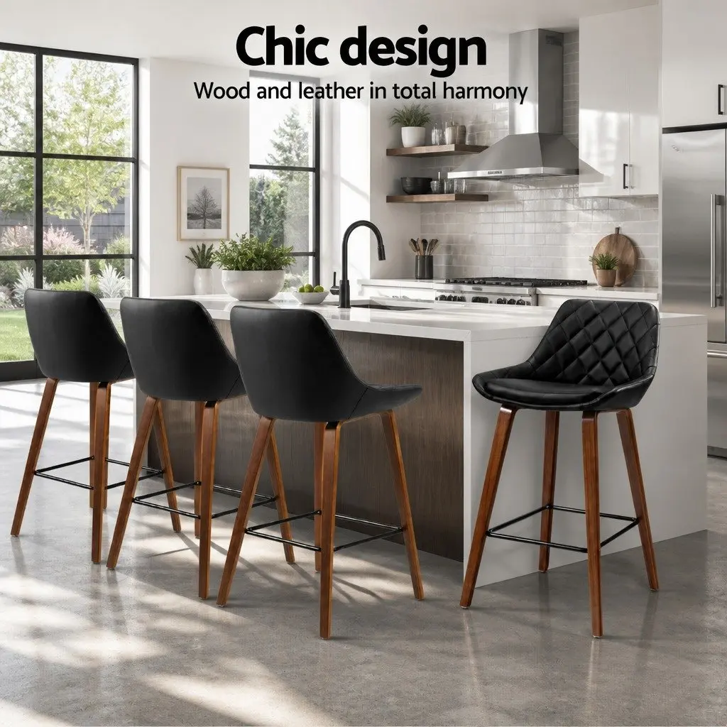 Bar Stools Set of 4 PU Leather Seat Wooden Legs Black Kitchen Counter Height