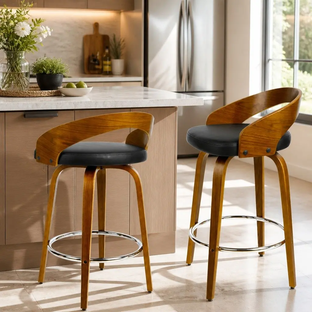 Bar Stools Set of 2 Swivel Seat Curved Backrest Black Walnut Wooden Kitchen Dining