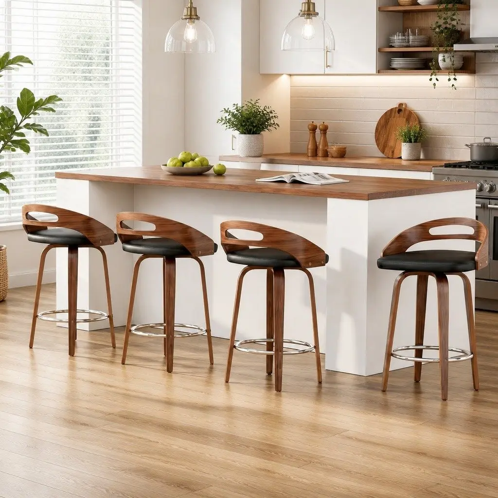 Bar Stools Set of 4 Swivel Dining Chairs Low Back PU Cushion Black
