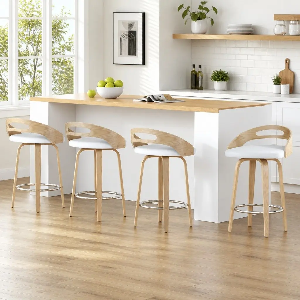 Bar Stools 4 Piece Swivel Dining Chairs Low Back PU Cushion White