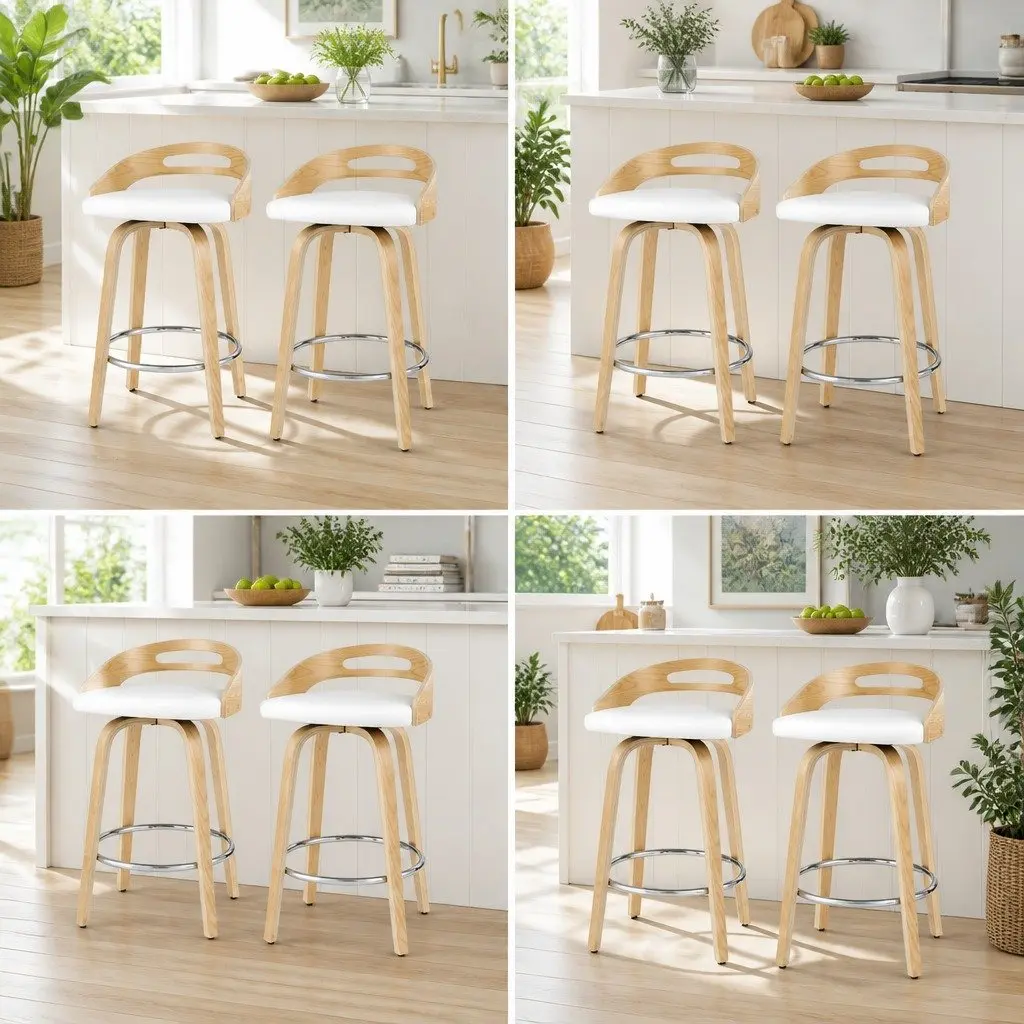 Bar Stools 4 Piece Swivel Dining Chairs Low Back PU Cushion White