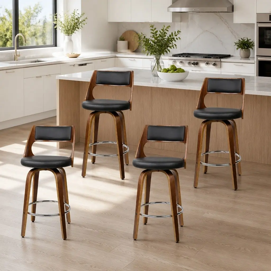 Bar Stools 92cm Height Swivel Seat Black Padded Seat with Chrome Footrest Set of 4