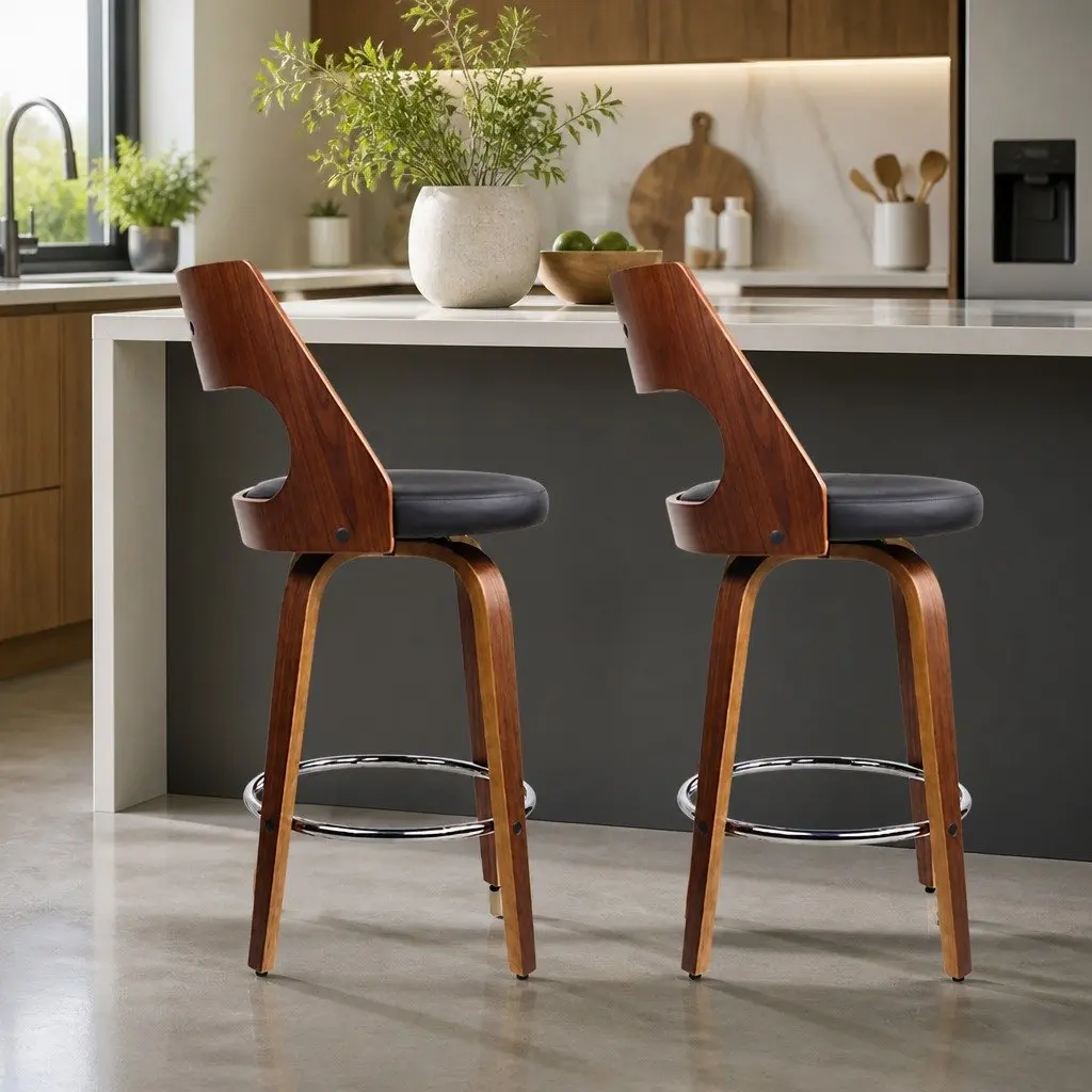 Bar Stools 76cm Seat Height Swivel Chair Black PU Leather Padded Backrest