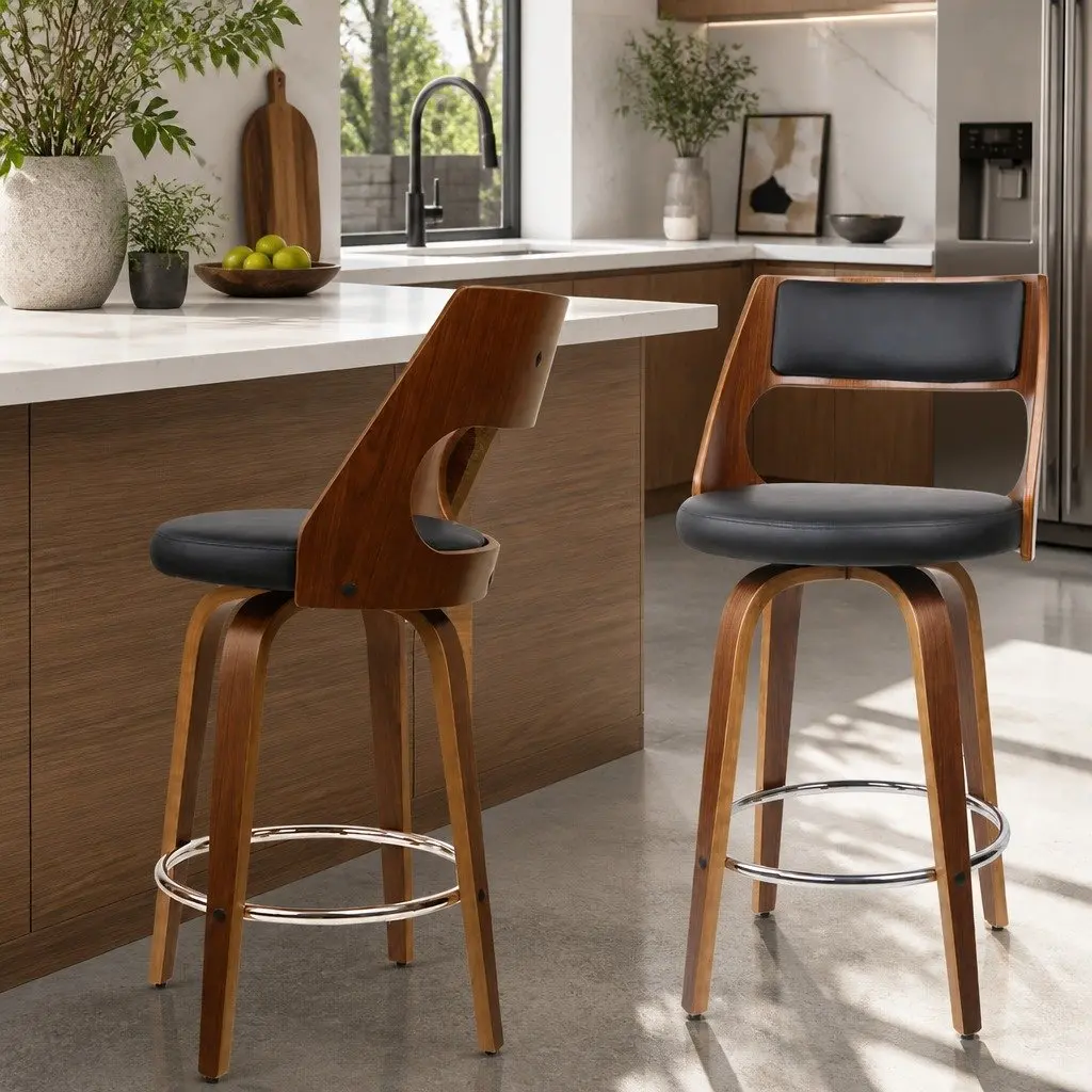 Bar Stools 76cm Seat Height Swivel Chair Black PU Leather Padded Backrest