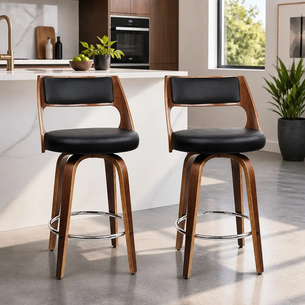Bar Stools 76cm Seat Height Swivel Chair Black PU Leather Padded Backrest