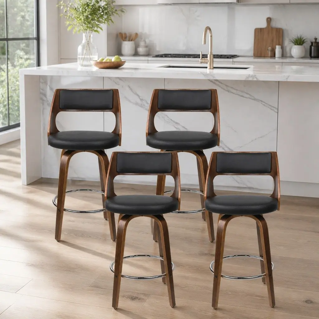 Bar Stools Set 4 Piece 76cm Seat Height Black Faux Leather Swivel Rotating