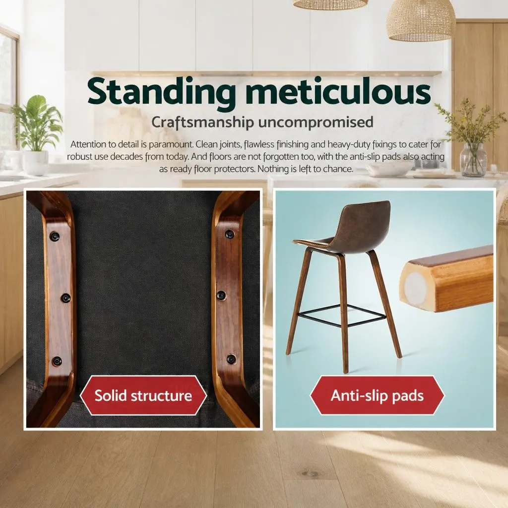 Bar Stools 2 Piece Kitchen Counter Wooden Backrest Metal Footrest Brown Walnut