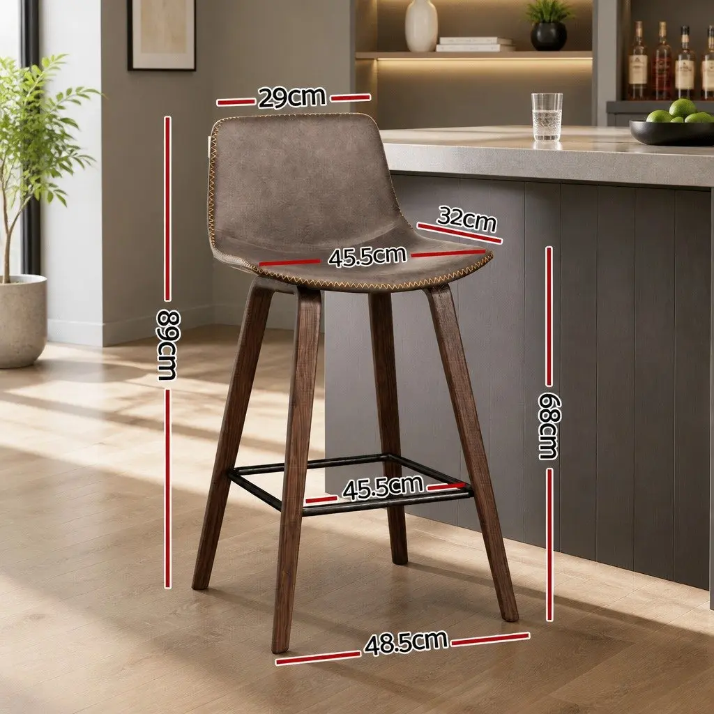 Bar Stools Set of 4 Mid-Height Wooden Bentwood Brown PU Leather Padded