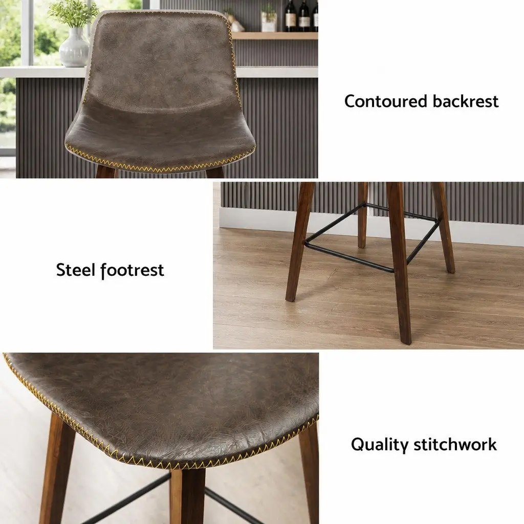 Bar Stools Set of 4 Mid-Height Wooden Bentwood Brown PU Leather Padded