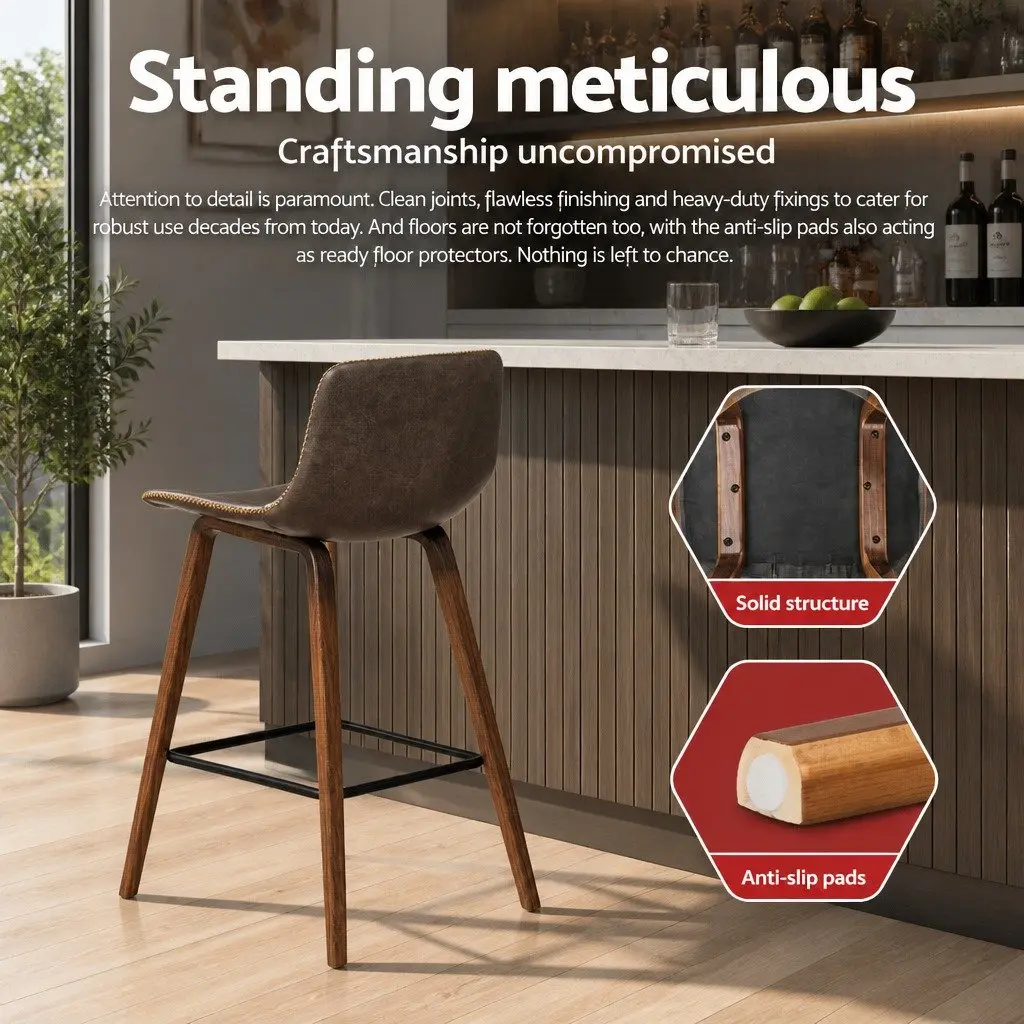 Bar Stools Set of 4 Mid-Height Wooden Bentwood Brown PU Leather Padded