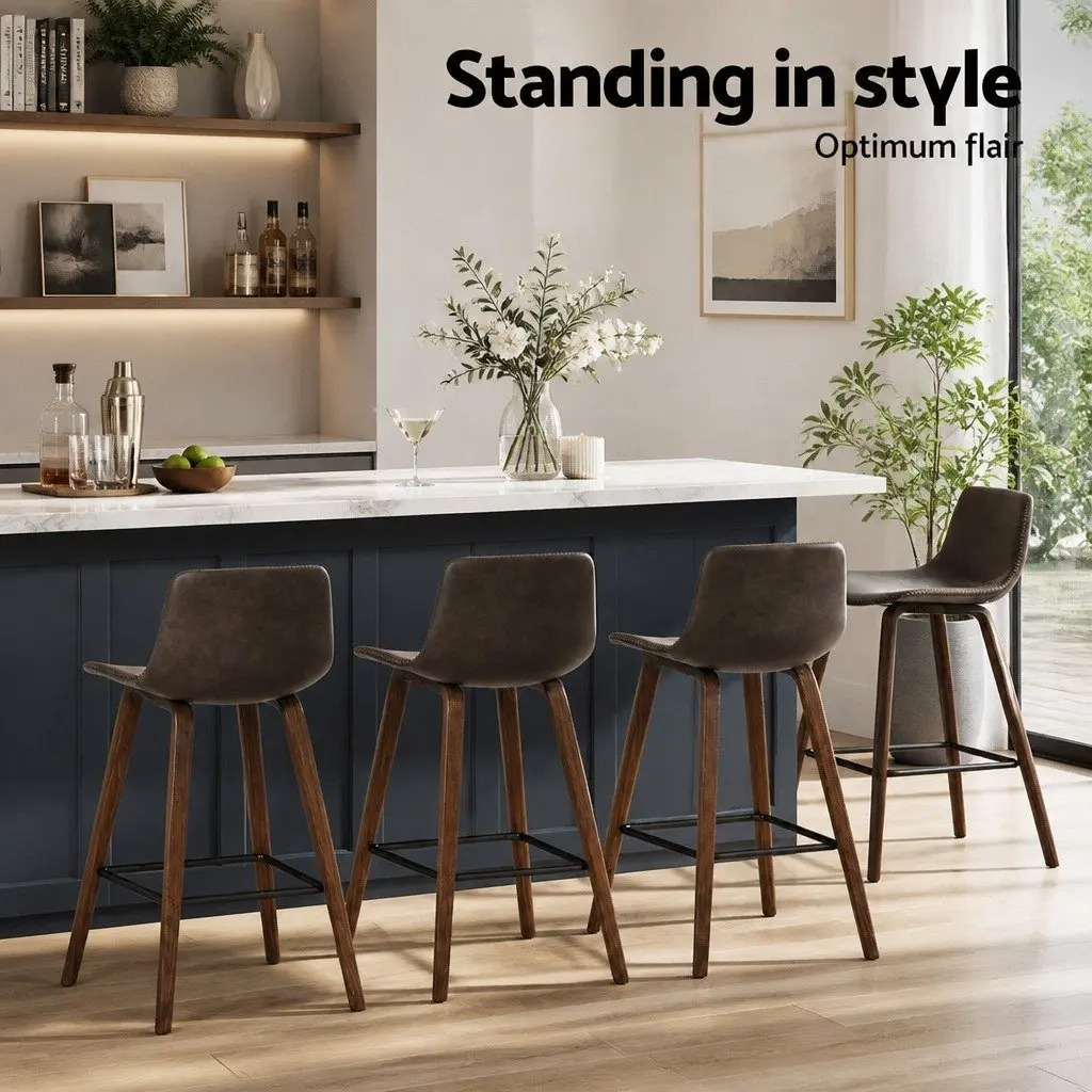 Bar Stools Set of 4 Mid-Height Wooden Bentwood Brown PU Leather Padded