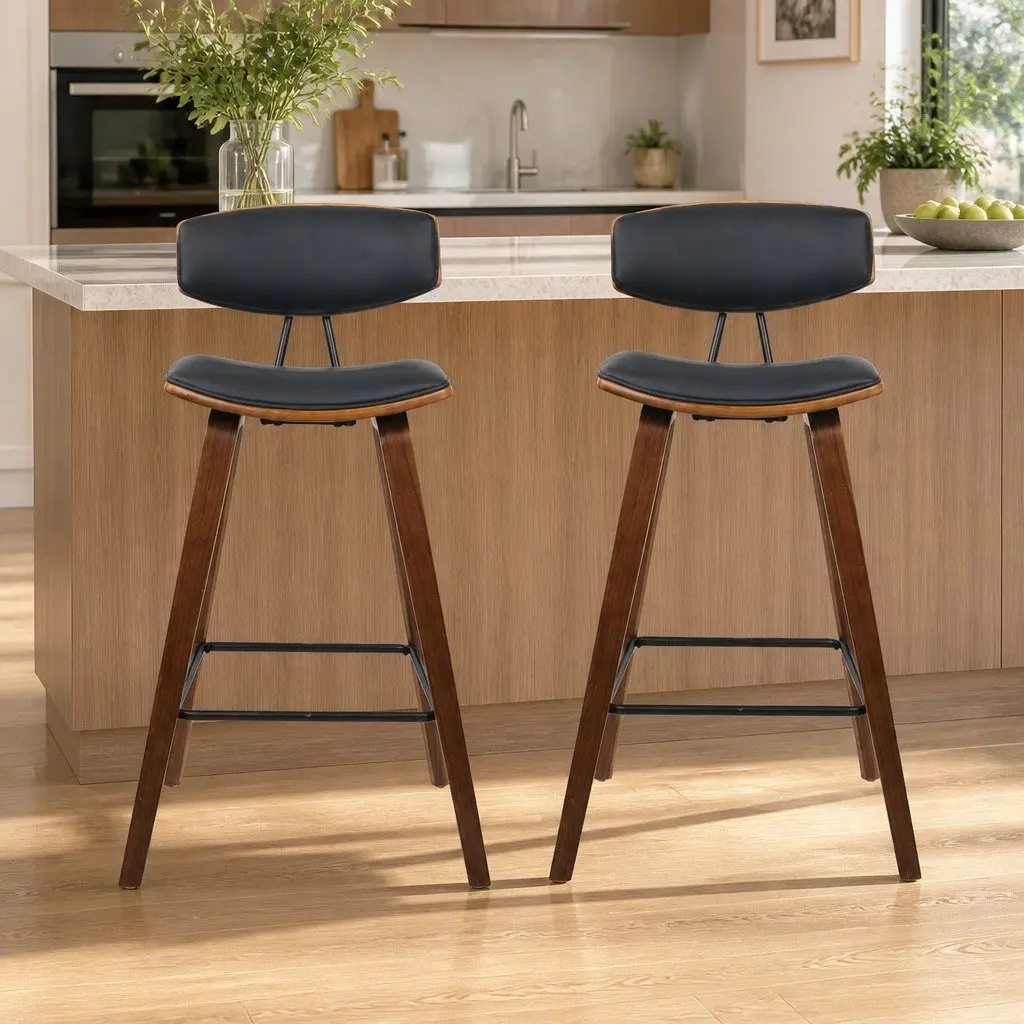 Bar Stools Set of 2 Padded Leather Backrest Wooden Frame Black