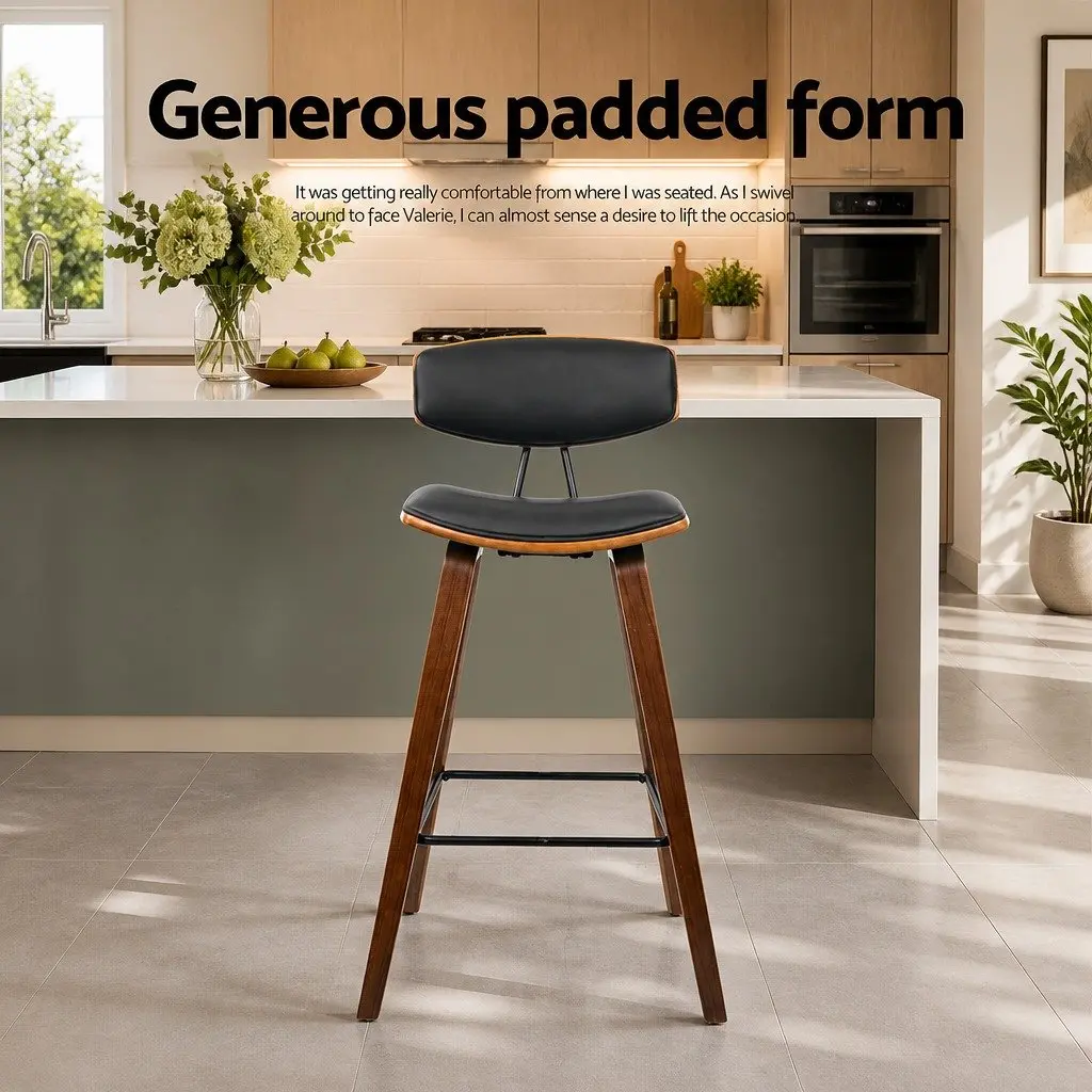 Bar Stools Set of 2 Padded Leather Backrest Wooden Frame Black