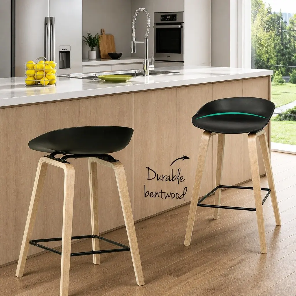 Bar Stools Set of 2 Black Wooden Legs PP Plastic Seat Metal Footrest