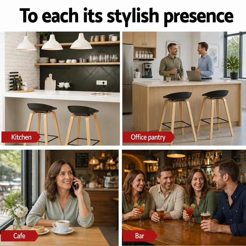Bar Stools Set of 2 Black Wooden Legs PP Plastic Seat Metal Footrest