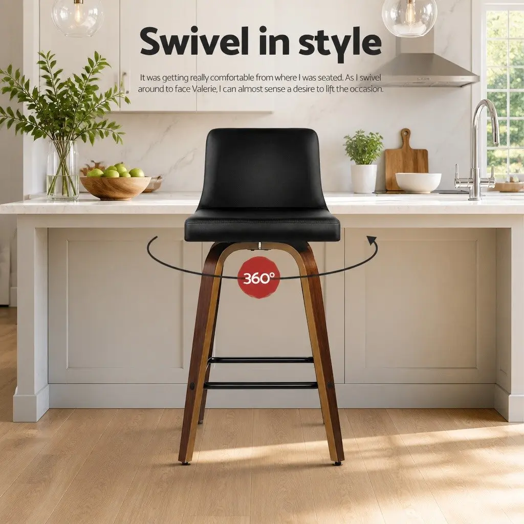 Bar Stools 87cm Swivel Padded Backrest Black Wooden 2 Pack Set