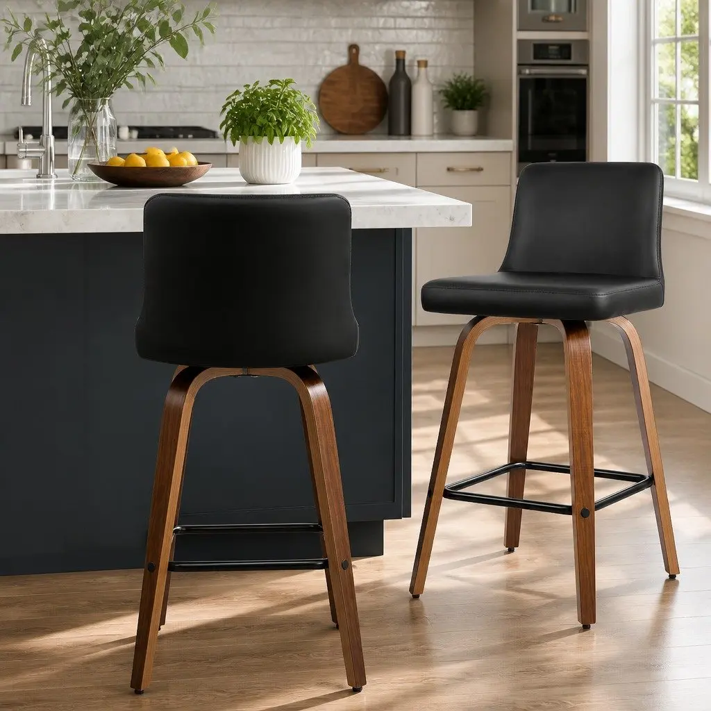 Bar Stools 87cm Swivel Padded Backrest Black Wooden 2 Pack Set