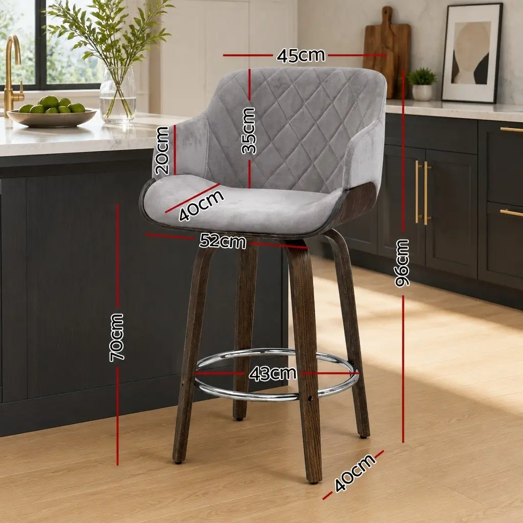 Bar Stools Set of 4 Swivel Padded Velvet Grey Wooden Bentwood Kitchen Seating
