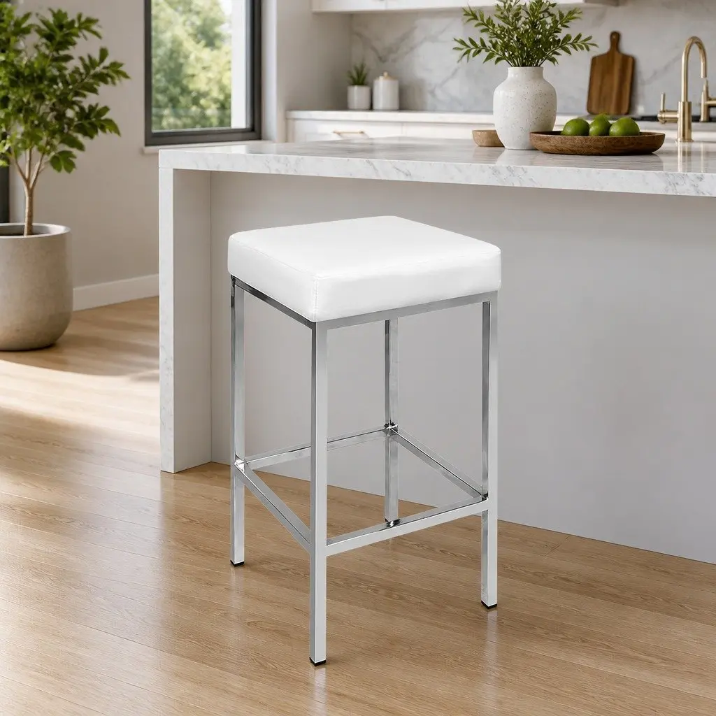 Bar Stools Set of 4 White PU Leather Padded Kitchen Chairs with Chrome Legs