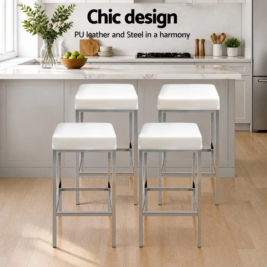 Bar Stools Set of 4 White PU Leather Padded Kitchen Chairs with Chrome Legs