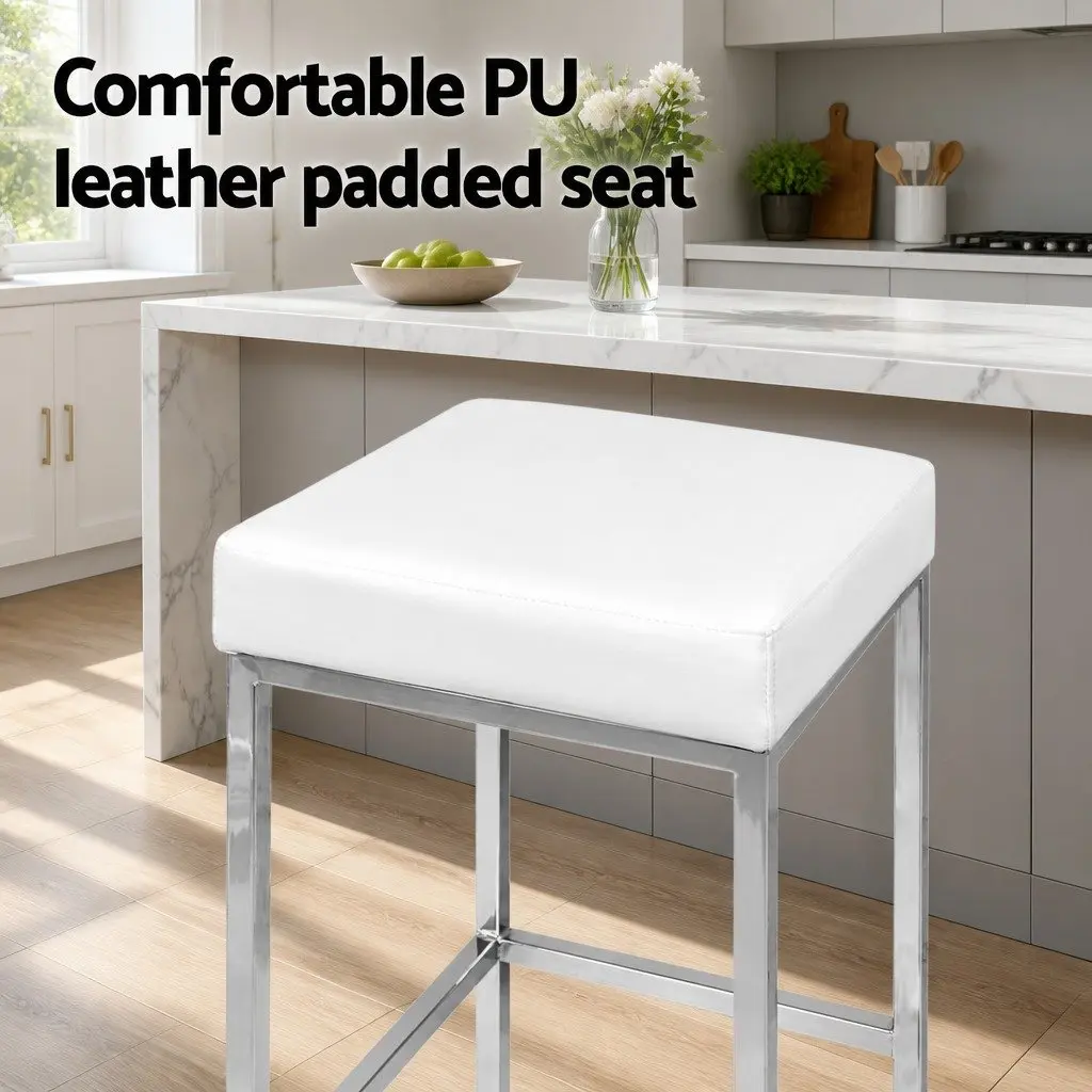Bar Stools Set of 4 White PU Leather Padded Kitchen Chairs with Chrome Legs