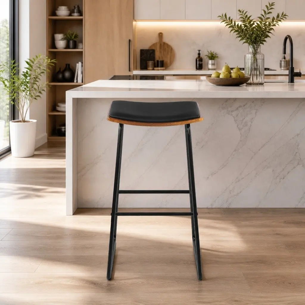 Bar Stools 76cm Black Padded Seat Wooden Base Metal Frame Footrest Set of 4