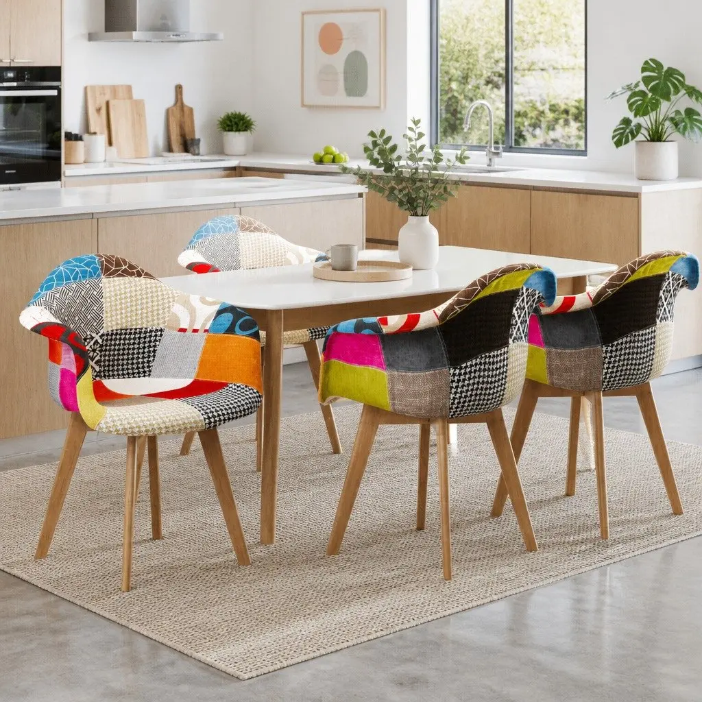 Dining Chairs Set of 4 Fabric Retro Kitchen Seating Multicolour Wooden Legs