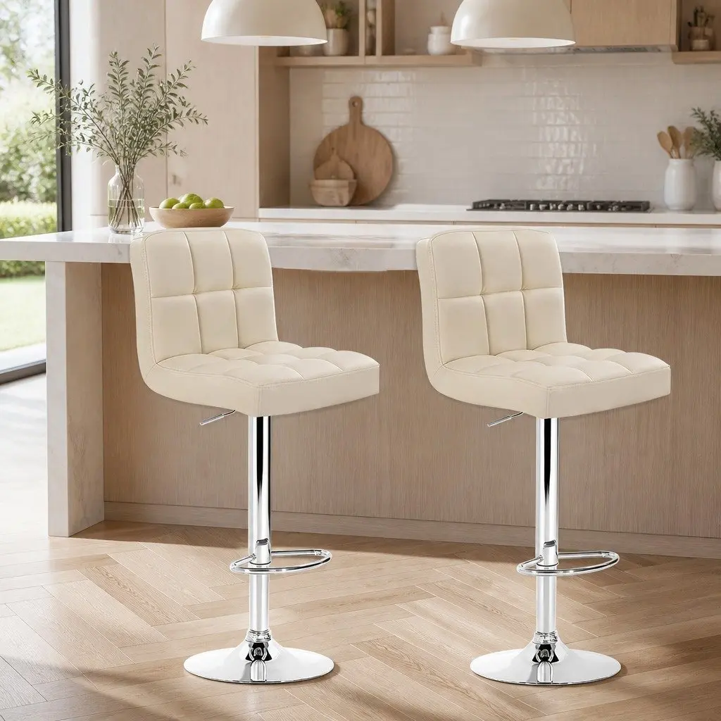 Bar Stools Set of 2 Adjustable Height Gas Lift Swivel Faux Leather Beige