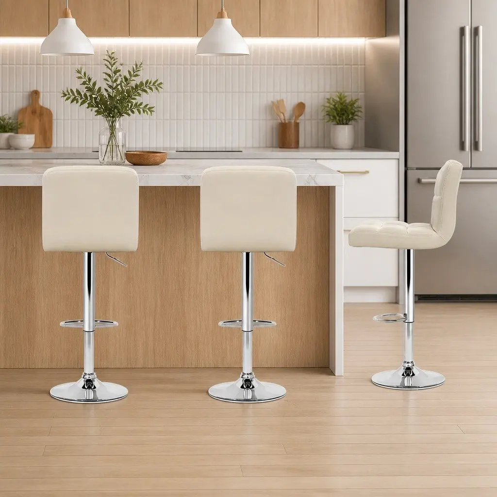 Bar Stools Set of 2 Adjustable Height Gas Lift Swivel Faux Leather Beige