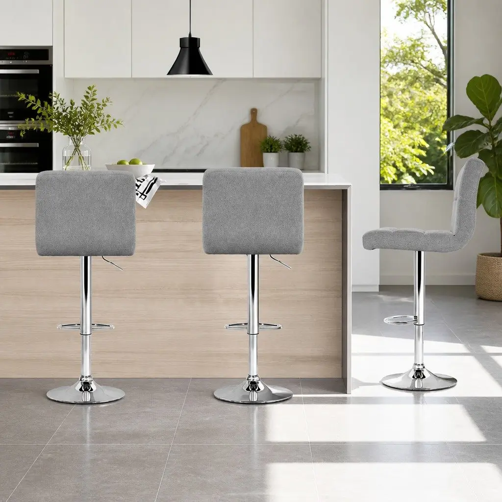 Bar Stools Set of 4 Adjustable Height Fabric Swivel Chrome Base Grey Seat