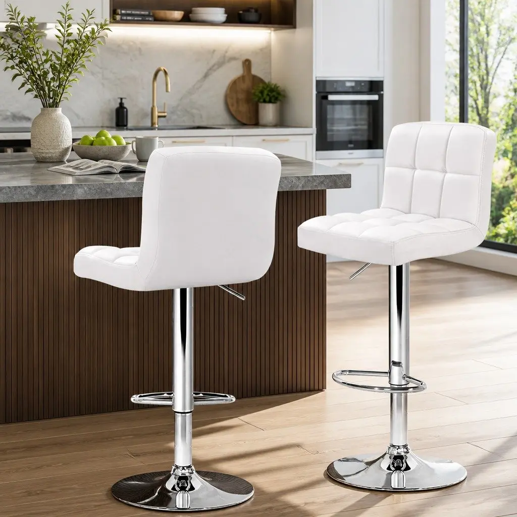 Bar Stools White Adjustable Height Swivel Seat Set of 2 Leather