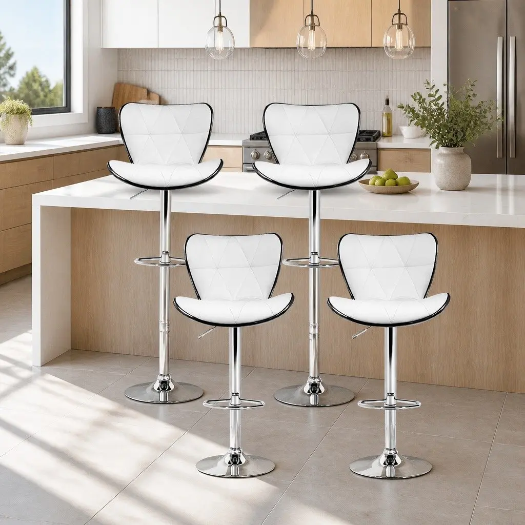 Bar Stools 4 Piece Gas Lift Swivel Padded Seat White Chrome Base Modern Furniture
