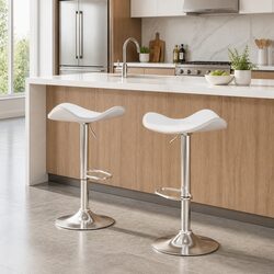 White Leather Bar Stools with Gas Lift - 2 Pack