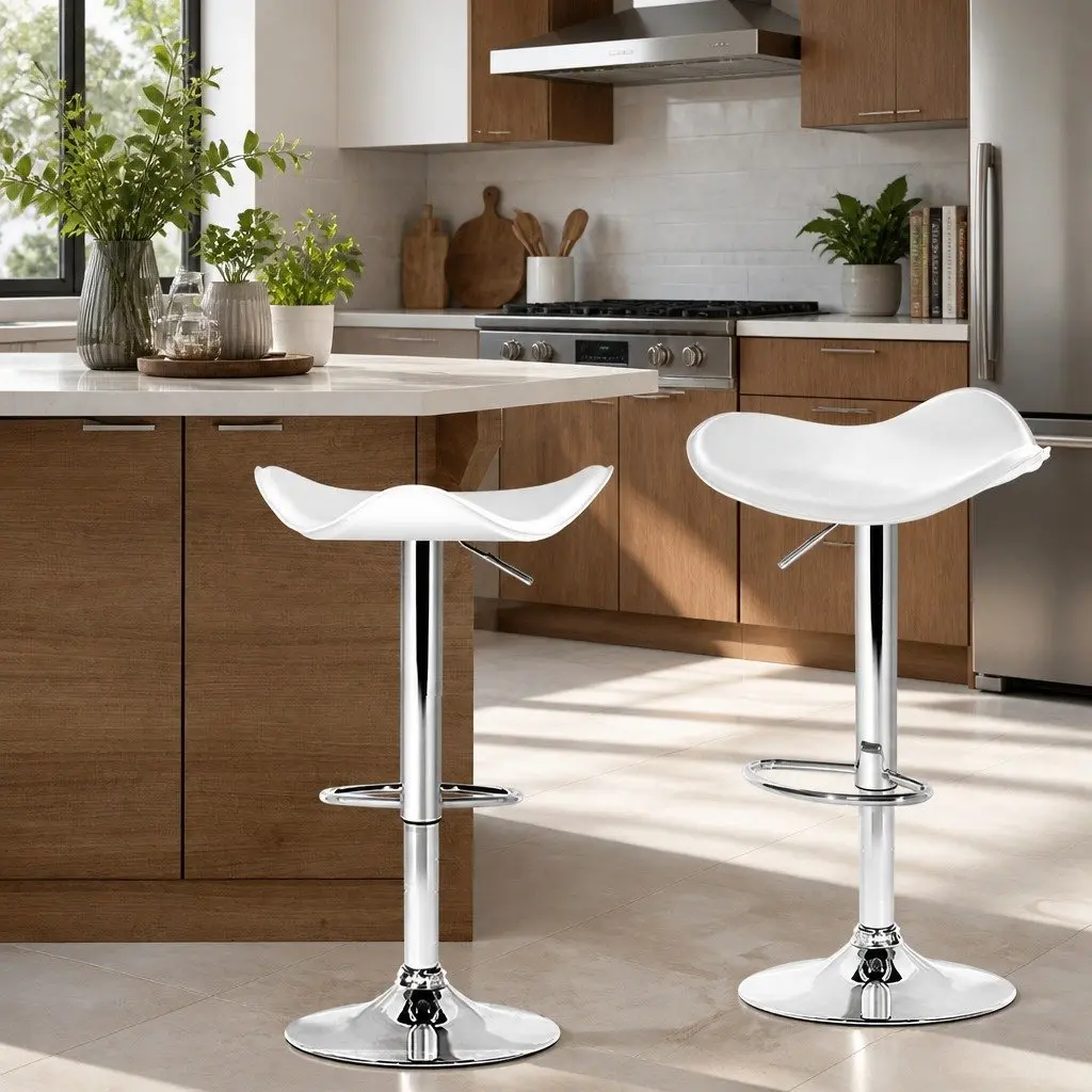 Bar Stools White Adjustable Height Gas Lift 360 Degree Swivel Seat 2 Pack