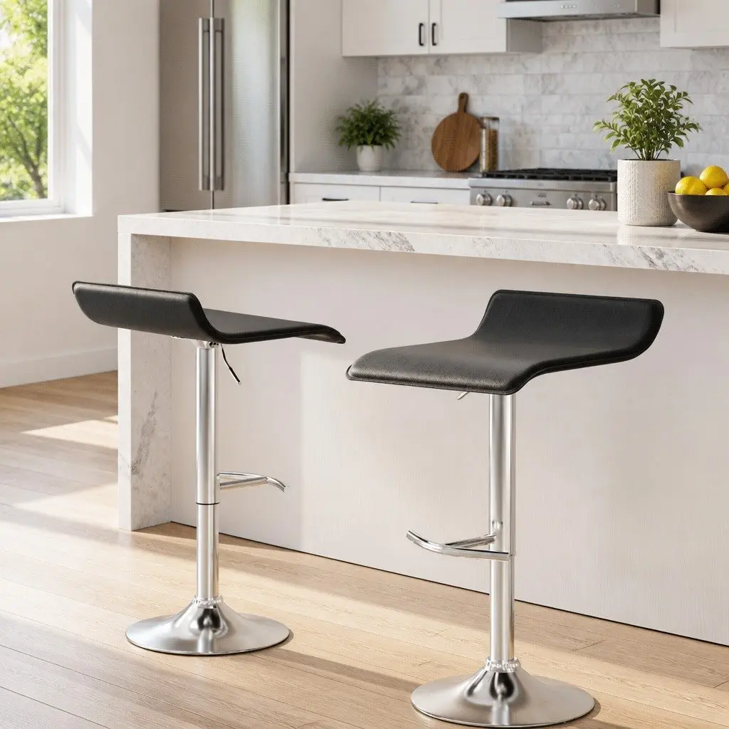 Bar Stools Adjustable Height 360° Swivel Black PU Leather Set of 2