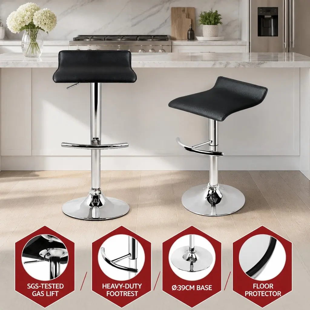 Bar Stools Adjustable Height 360° Swivel Black PU Leather Set of 2