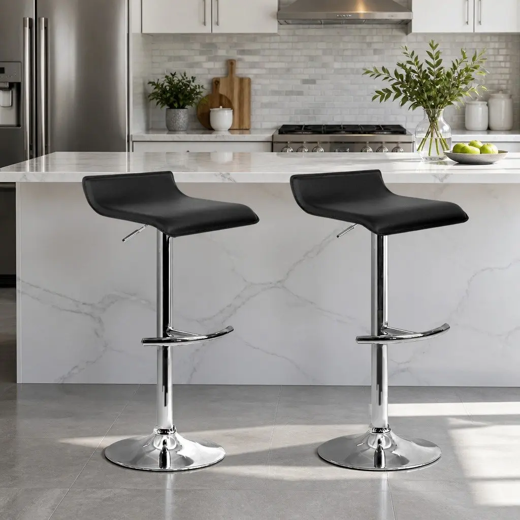 Bar Stools Adjustable Height 360° Swivel Black PU Leather Set of 2