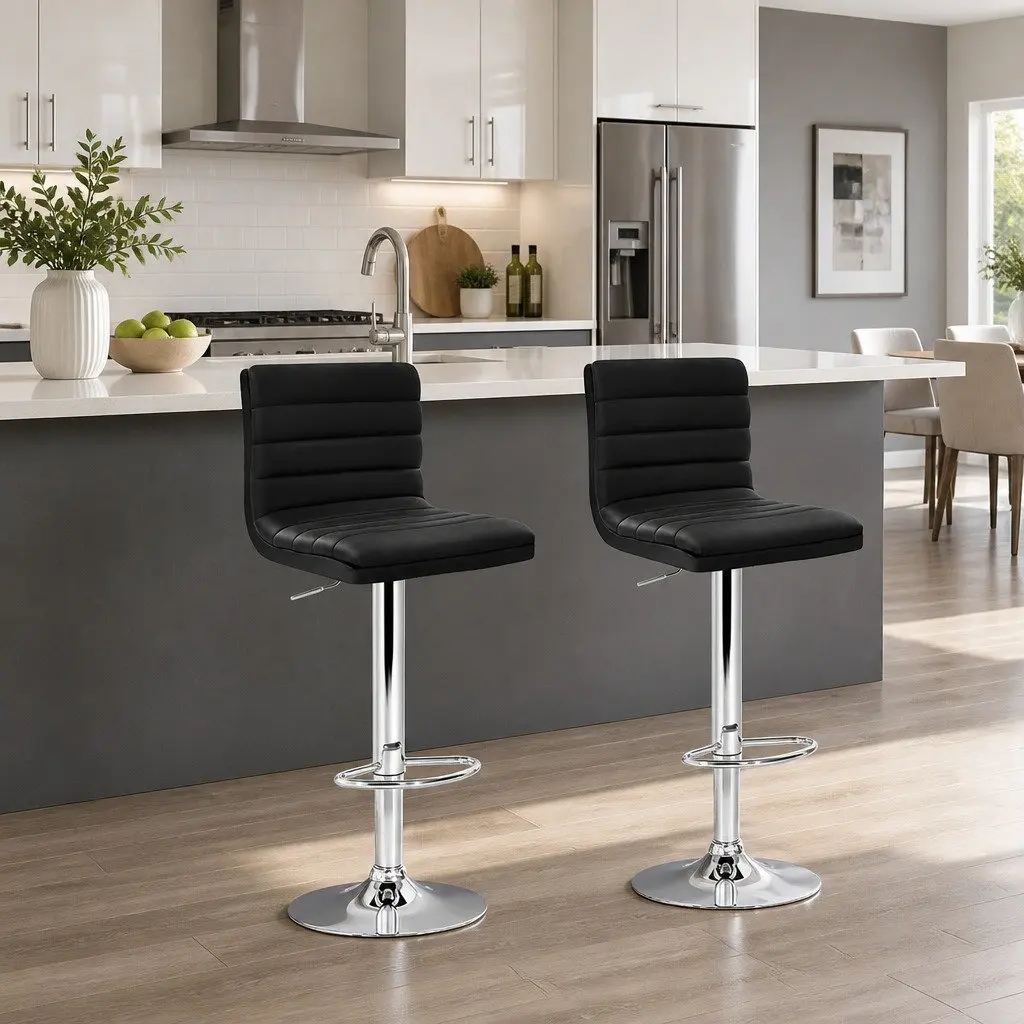 Bar Stools 2x Black Padded Leather Gas Lift Height Adjustable Swivel