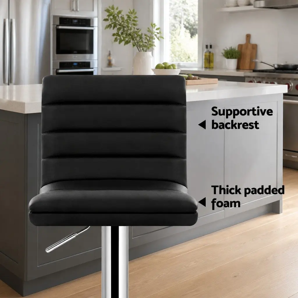 Bar Stools 2x Black Padded Leather Gas Lift Height Adjustable Swivel