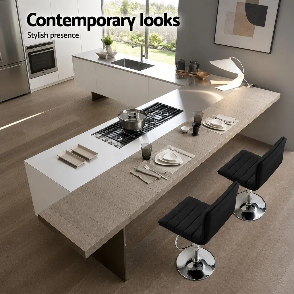Bar Stools 2x Black Padded Leather Gas Lift Height Adjustable Swivel
