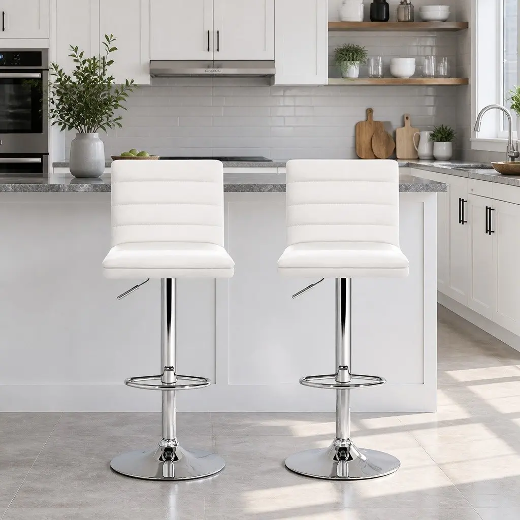 White Bar Stools Set of 2 Height Adjustable Padded Seat Gas Lift Swivel Chair