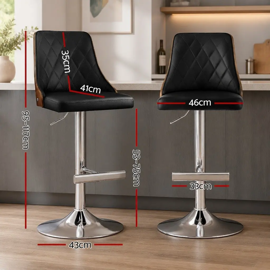 Bar Stools Set of 2 Adjustable Height Black Leather Kitchen Counter Seat