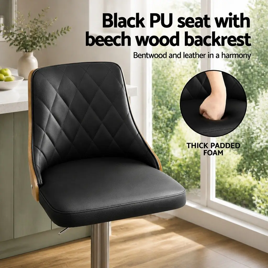 Bar Stools Set of 2 Adjustable Height Black Leather Kitchen Counter Seat