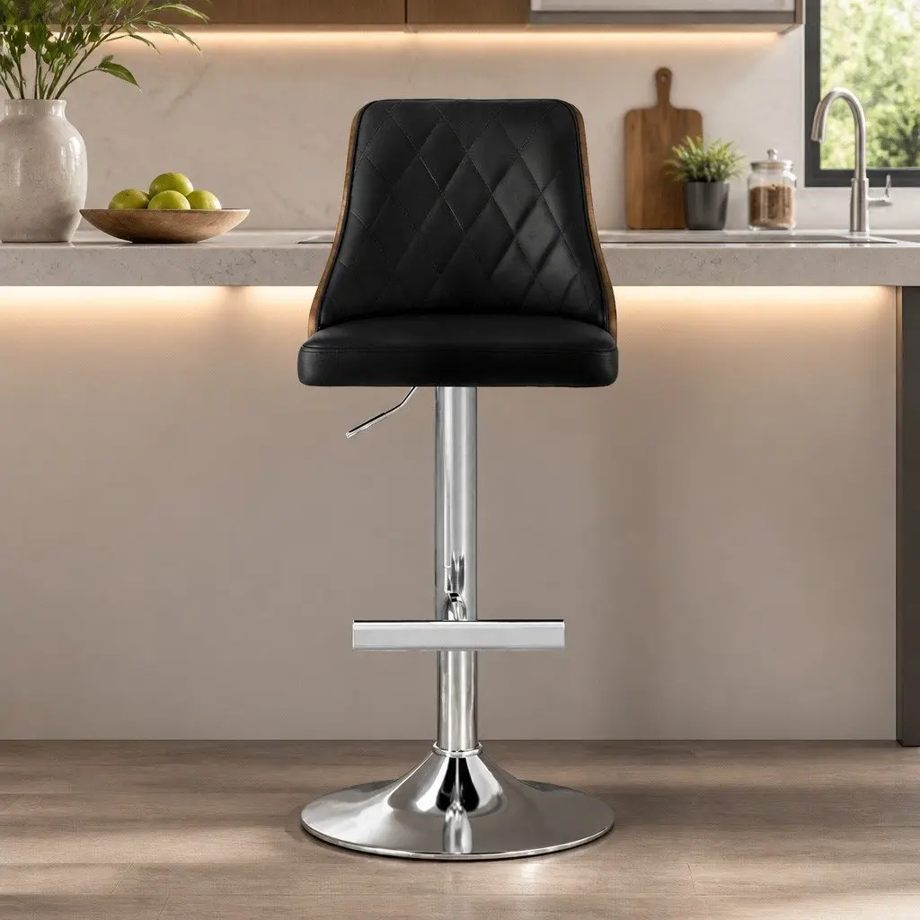 Bar Stools Set of 4 Adjustable Height Swivel Black Leather Kitchen Counter